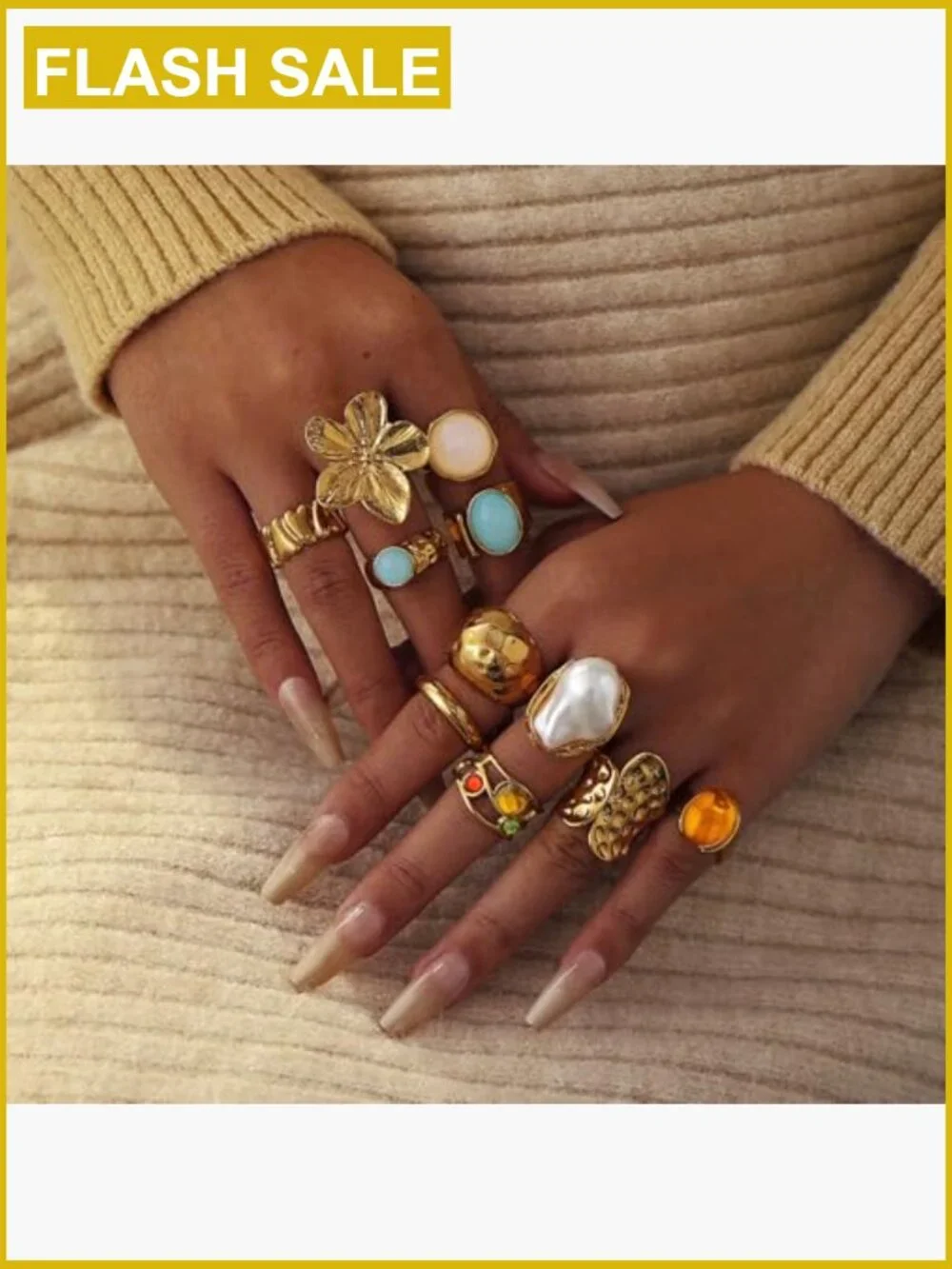 Chunky Baroque Pearl Flower Tiger's Eye Stone Rings Set Non Tarnish Stacking